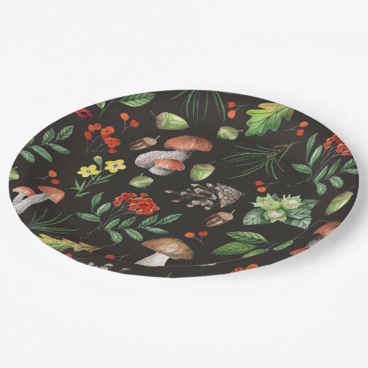 水彩画の森林はきのこに花を|去ります ペーパープレート (アングル)