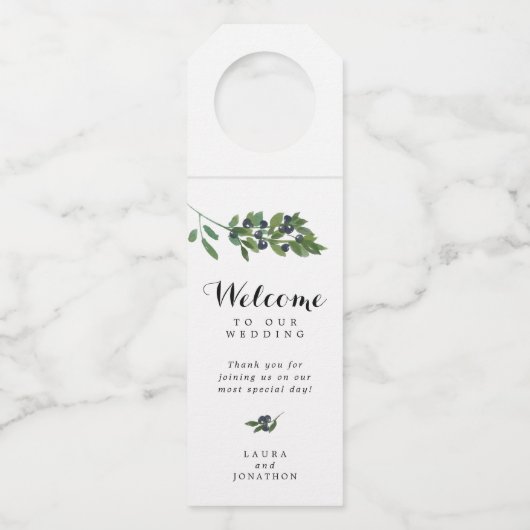 水彩画の植物のオリーブ色のブドウ園の結婚式の引き出物 ボトルネックタグ (正面)