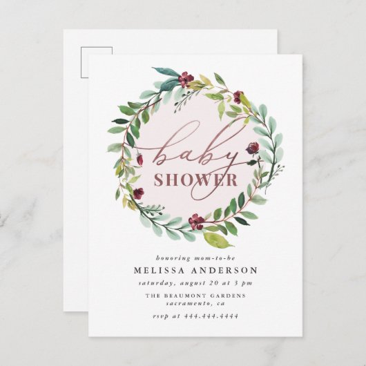 水彩画の植物のリースのばら色の金ゴールドのベビーシャワー インビテーションポストカード (正面/裏面)