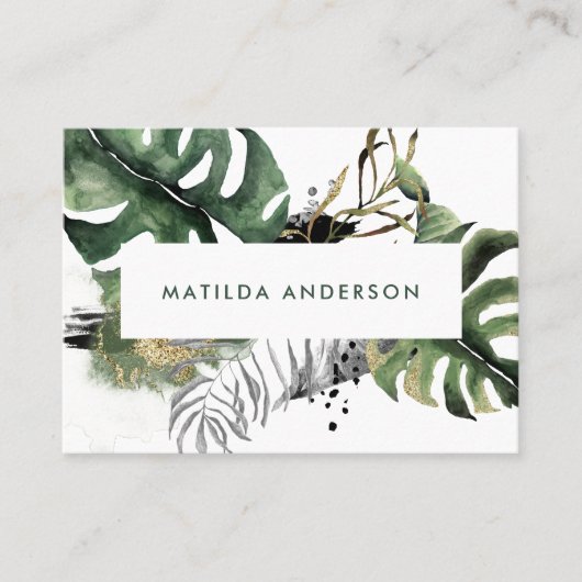水彩画の植物の群葉および金ゴールドの詳細 名刺 (正面)