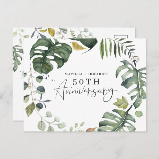 水彩画の植物の葉を使った50周年結婚記念日の招待状 案内ポストカード (正面/裏面)