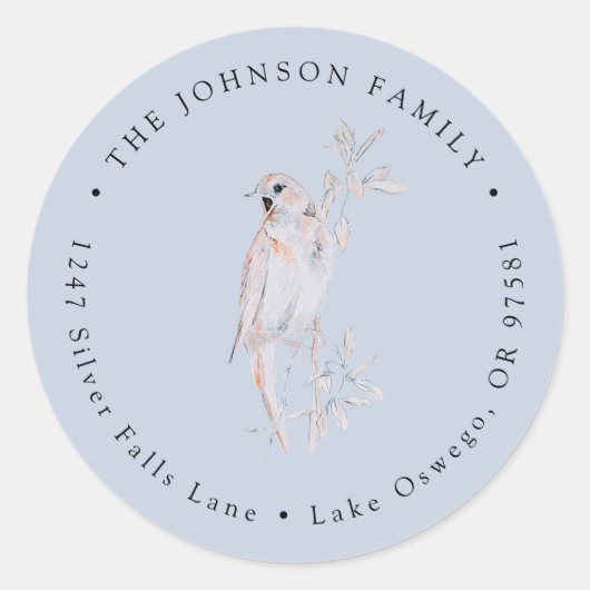 水彩画の歌うナイチンゲール鳥の返送先住所 ラウンドシール (正面)