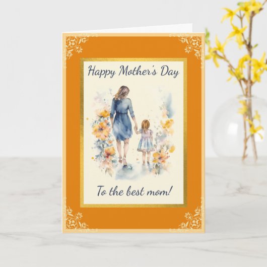 水彩画の母と娘 カード (黄色い花)
