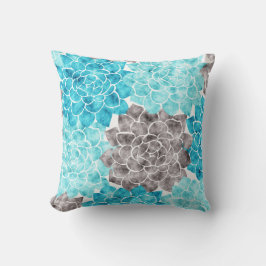 水彩画の水のティール（緑がかった色）のグラファイトの灰色の花のコラージュ クッション