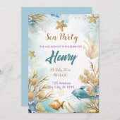 水彩画の水中ゴールドの誕生日パーティー 招待状 (正面/裏面)