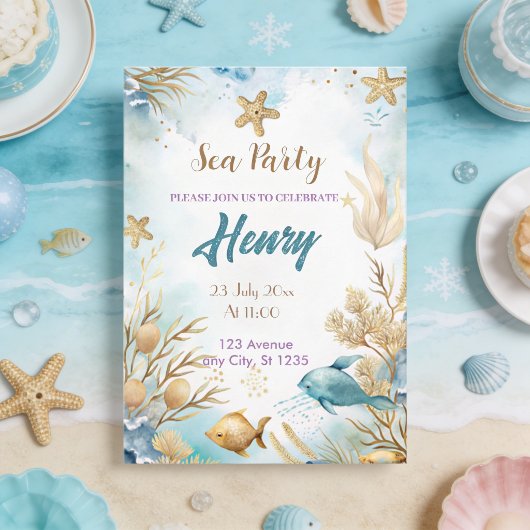 水彩画の水中ゴールドの誕生日パーティー 招待状