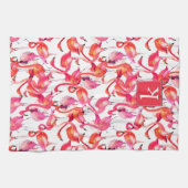 水彩画の水彩画のフラミンゴは|あなたの名前を加えます キッチンタオル (横)
