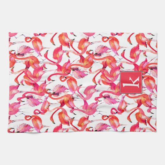 水彩画の水彩画のフラミンゴは|あなたの名前を加えます キッチンタオル (横)