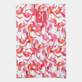 水彩画の水彩画のフラミンゴは|あなたの名前を加えます キッチンタオル (縦)