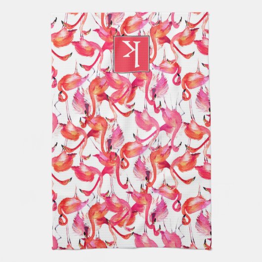 水彩画の水彩画のフラミンゴは|あなたの名前を加えます キッチンタオル (縦)