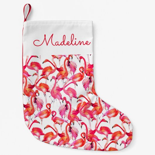 水彩画の水彩画のフラミンゴは|あなたの名前を加えます スモールクリスマスストッキング (正面)