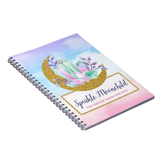 水彩画の水晶及び金ゴールドの三日月形の月のブティック ノートブック (右側)