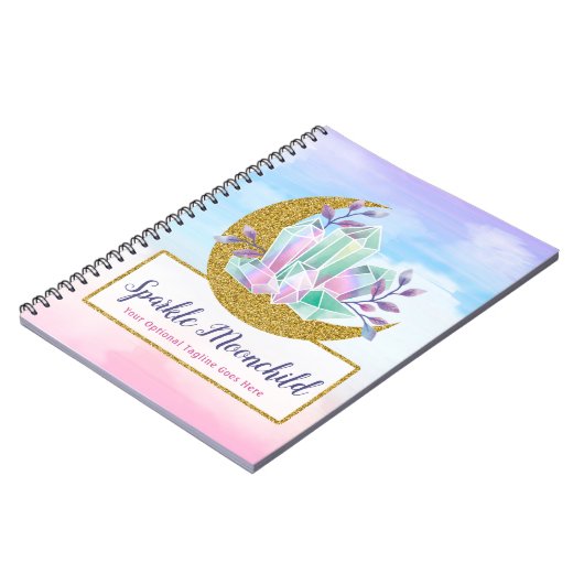 水彩画の水晶及び金ゴールドの三日月形の月のブティック ノートブック (左側)