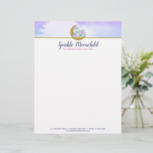 水彩画の水晶及び金ゴールドの三日月形の月のブティック レターヘッド (スタンド正面)