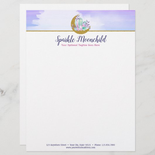 水彩画の水晶及び金ゴールドの三日月形の月のブティック レターヘッド (正面/裏面)