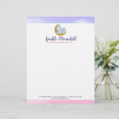 水彩画の水晶及び金ゴールドの三日月形の月のブティック レターヘッド (スタンド正面)