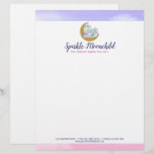 水彩画の水晶及び金ゴールドの三日月形の月のブティック レターヘッド (正面/裏面)