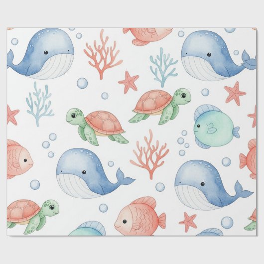水彩画の海の中のかわいい海洋動物 ラッピングペーパー (フラット)