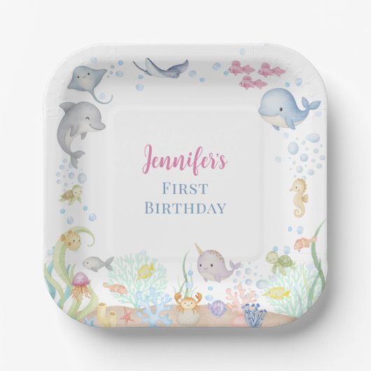 水彩画の海の中の女の子の1歳の誕生日 ペーパープレート (正面)