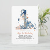 水彩画の海の中の女の子の1歳の誕生日 招待状 (スタンド正面)