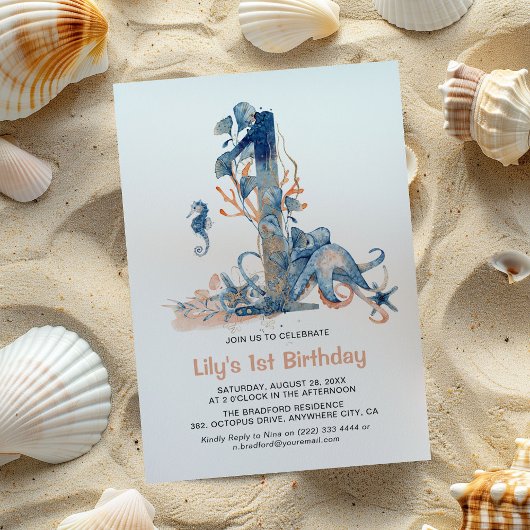 水彩画の海の中の女の子の1歳の誕生日 招待状