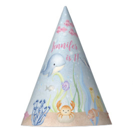 水彩画の海の中の女の子 1歳の誕生日 パーティーハット