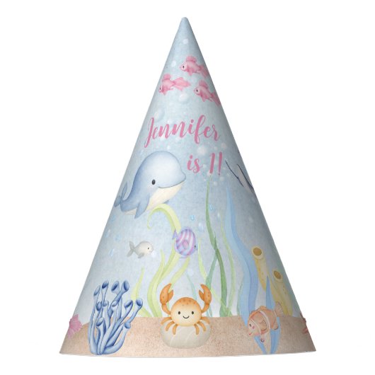 水彩画の海の中の女の子 1歳の誕生日 パーティーハット (正面)