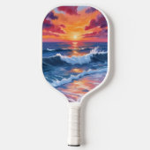 水彩画の海の夕焼けの波 ピックルボールラケット (裏面)