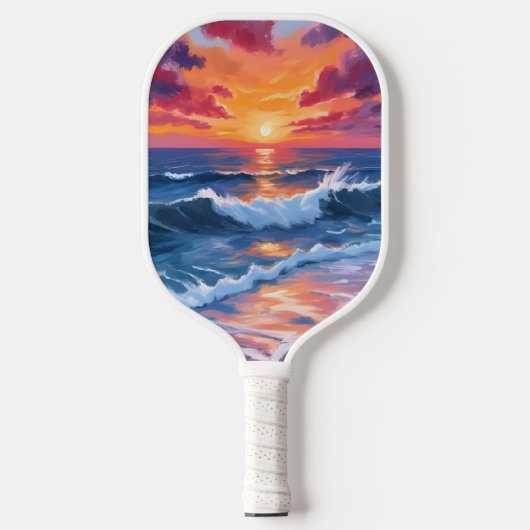 水彩画の海の夕焼けの波 ピックルボールラケット (正面)