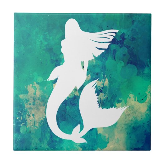 水彩画の海の色相の人魚のシルエット タイル (正面)