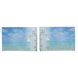 水彩画の海ライトハウスウィズボート 枕カバー