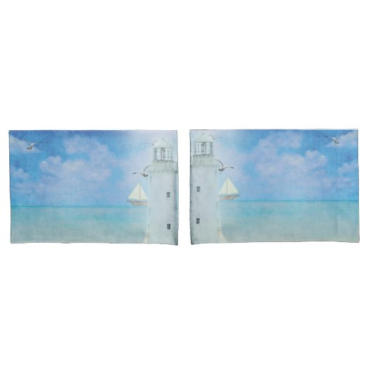 水彩画の海ライトハウスウィズボート 枕カバー (フロントセット)