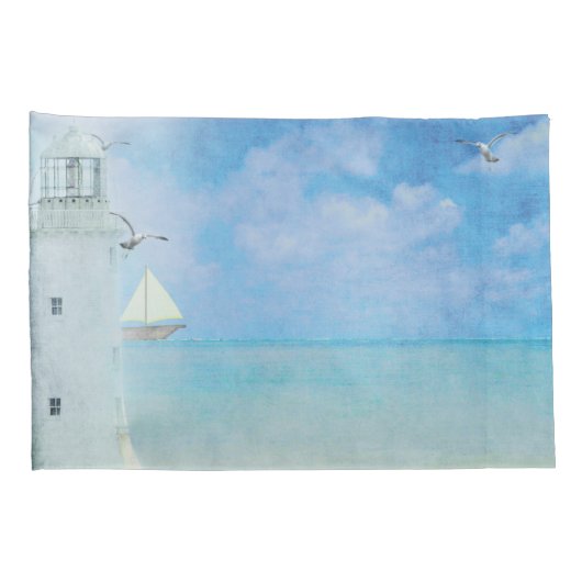 水彩画の海ライトハウスウィズボート 枕カバー (裏面-右)