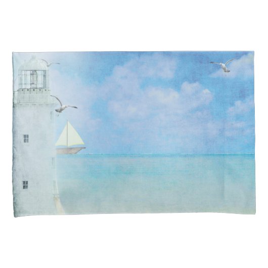 水彩画の海ライトハウスウィズボート 枕カバー (正面右)