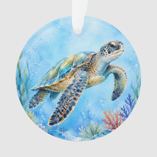 水彩画の海中のウミガメ オーナメント (正面)