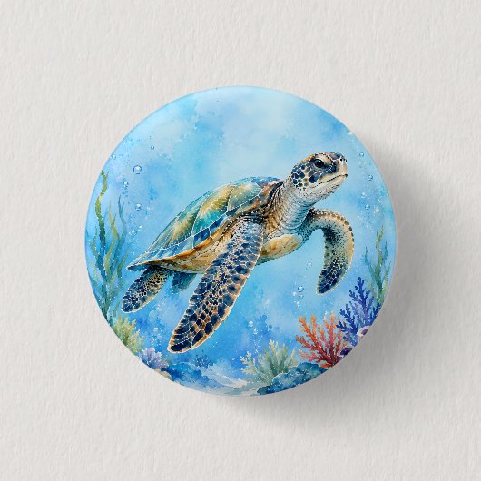 水彩画の海中のウミガメ 缶バッジ (正面)