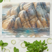 水彩画の海岸風景とカモメ キッチンタオル (折り畳み)