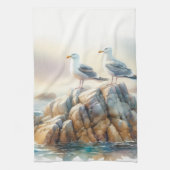 水彩画の海岸風景とカモメ キッチンタオル (縦)