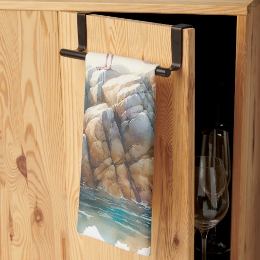 水彩画の海岸風景とカモメ キッチンタオル (三つ折り)