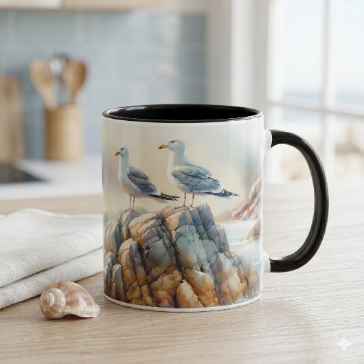 水彩画の海岸風景とカモメ マグカップ