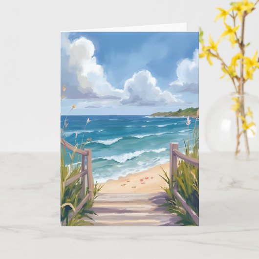 水彩画の海岸風景 海洋画 ビーチの小道 カード (黄色い花)