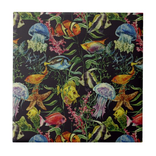 水彩画の海洋生物パターン1 タイル (正面)