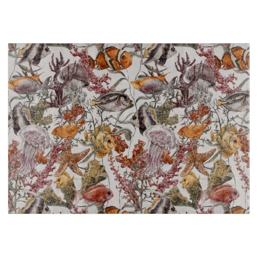 水彩画の海洋生物パターン2 カッティングボード (正面)