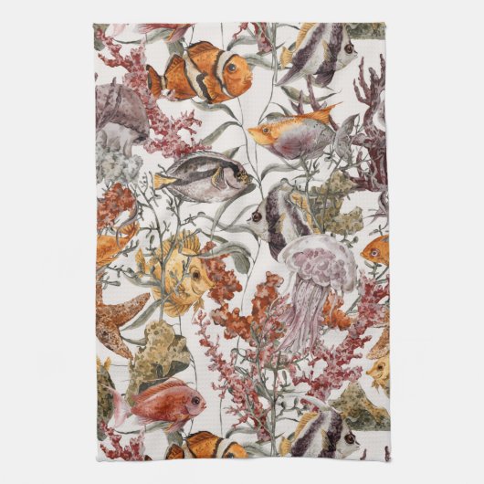 水彩画の海洋生物パターン2 キッチンタオル (縦)