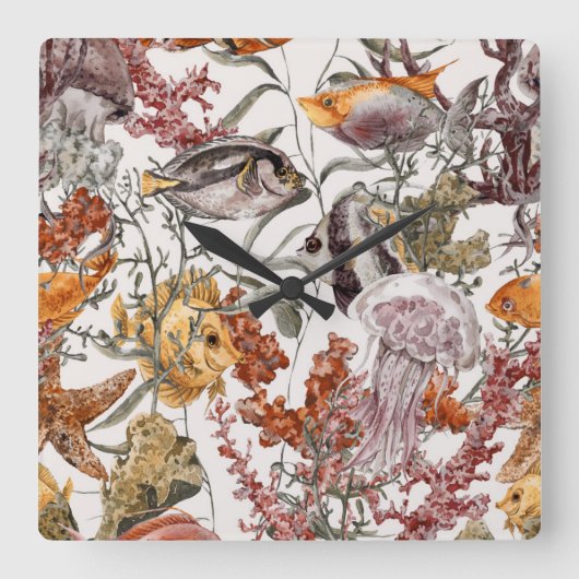 水彩画の海洋生物パターン2 スクエア壁時計 (正面)
