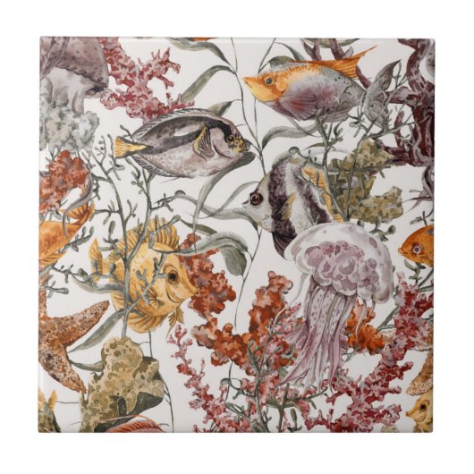 水彩画の海洋生物パターン2 タイル (正面)