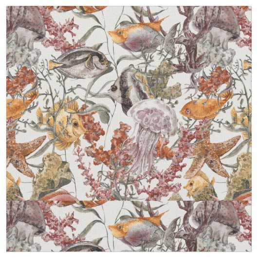 水彩画の海洋生物パターン2 ファブリック (クローズアップ)