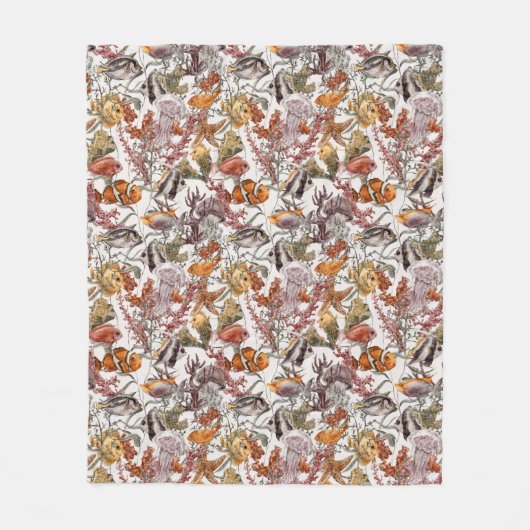 水彩画の海洋生物パターン2 フリースブランケット (正面)