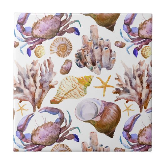 水彩画の海洋生物パターン4 タイル (正面)