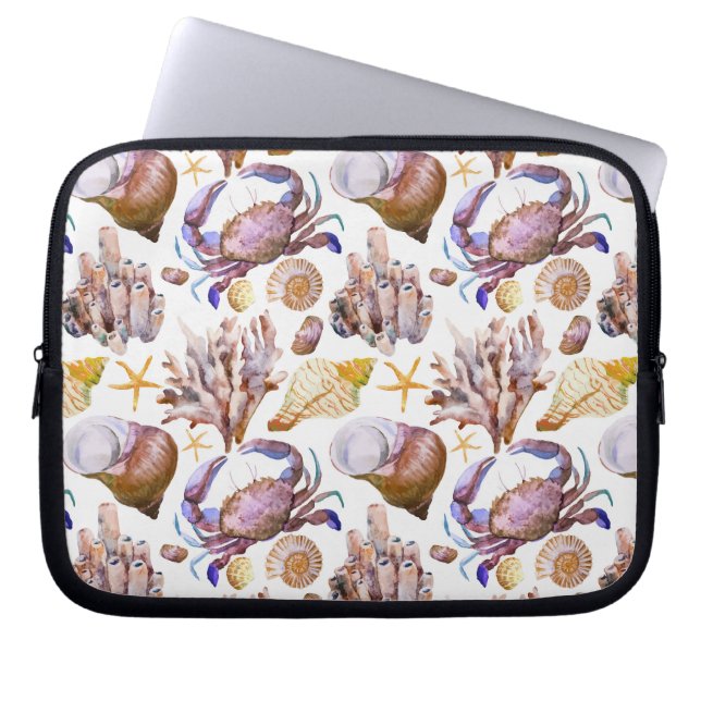 水彩画の海洋生物パターン4 ラップトップスリーブ (正面)